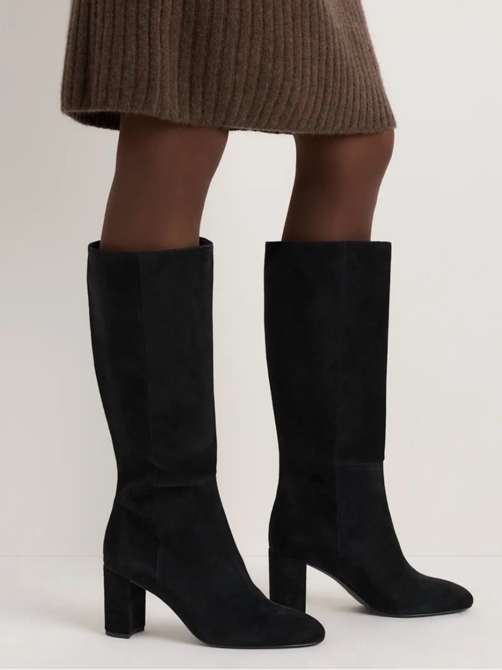 Quince Classic Black Italian Suede Knee-High Block Heel Boot 8.5‎